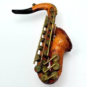 Leather Saxaphone Brooch Pin Brown Brass Vintage 7/8 x 1 3/4" Musical Instrument